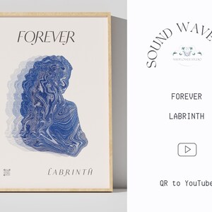 Może przedstawiać: Wydruk w ramie z abstrakcyjnym wzorem w kolorze niebieskim i białym. Wydruk nosi tytuł "FOREVER LABRINTH" i zawiera kod QR w lewym dolnym rogu.