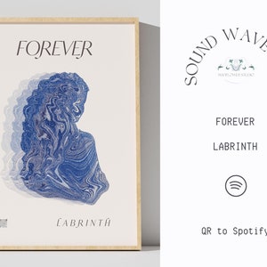 May include: A framed print with a blue and white abstract design. The print has the text "FOREVER" and "LABRINTH" on it. The frame is made of wood and has a light brown color.