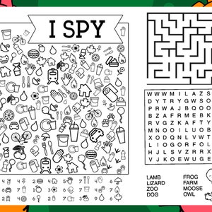 以下が含まれることがあります： 白黒のアイ・スパイゲーム。隠された絵のパズル、単語検索、迷路があります。ゲームには、家、電車、自転車、カップ、チェリー、花、葉、スイカ、手、フォーク、ナイフ、風船、足跡、レモン、雨雲、傘、トイレットペーパー、水筒、コップ、ゴミ箱、火、カエデの葉、車など、さまざまなオブジェクトが含まれています。単語検索には、ラム、トカゲ、動物園、犬、カエル、農場、ヘラジカ、フクロウなどの単語が含まれています。