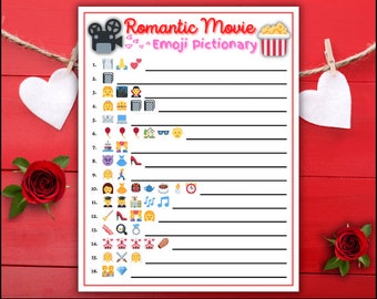 Könnte beinhalten: Ein druckbares Spielblatt mit dem Titel "Romantic Movie Emoji Pictionary" mit rotem Rand. Das Blatt enthält eine Reihe von Emoji-Hinweisen zum Erraten romantischer Filme. Der Hintergrund ist rot mit dekorativen Herzen und Rosen.