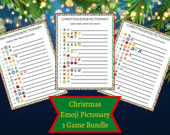 May include: Three printable Christmas Emoji Pictionary game sheets. Each sheet has a red and green border and features a different game: Guess the Christmas Song, Movie, or Word/Phrase. The bundle is titled "Christmas Emoji Pictionary 3 Game Bundle."
