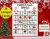 Christmas Bingo Printable Game for kids, family, friends, Parties, and Classroom 30 Unique Bingo Cards included, INSTANT DOWNLOAD