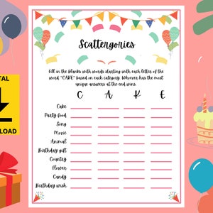 Scattergories birthday game for her party