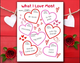What I Love Writing Activity, Valentine's Day Printable, Journal Prompt for Kids, Teacher Resource, Heart Coloring Download, DIY Valentine