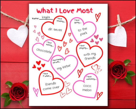 What I Love Writing Activity, Valentine's Day Printable, Journal Prompt for Kids, Teacher Resource, Heart Coloring Download, DIY Valentine