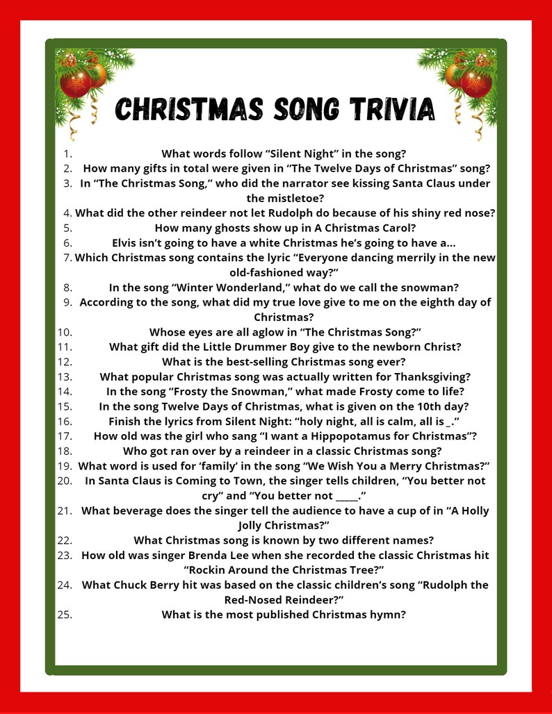Christmas Song Trivia Printable Game - Etsy