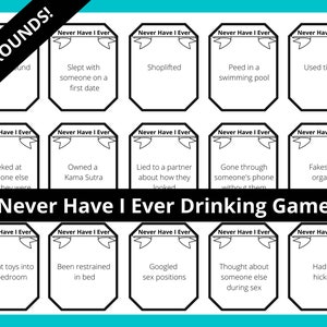 Può includere: Un set di 105 carte da gioco per bere "Never Have I Ever" con varie richieste stampate su di esse. Le carte sono bianche con contorni neri e presentano uno stendardo con le parole "Never Have I Ever" stampate su di esse.