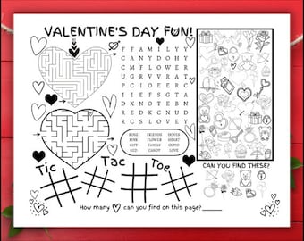 Valentine Placemat Printable, Valentine Activity for Kids, Valentine's Day Party Decor, Classroom Party Games, Coloring Placemats