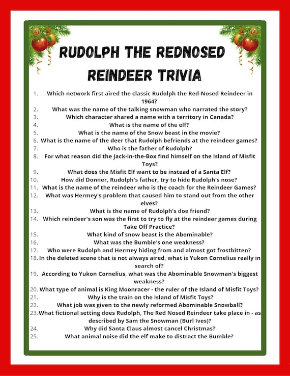 Rudolph Trivia Game! Rudolph the rednosed reindeer printable christmas game