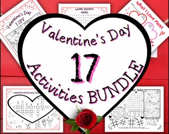 17 Valentines Activity Bundle Printable, Valentines Party Games, Kids Valentines Day, Valentine Printable Worksheets For Kids