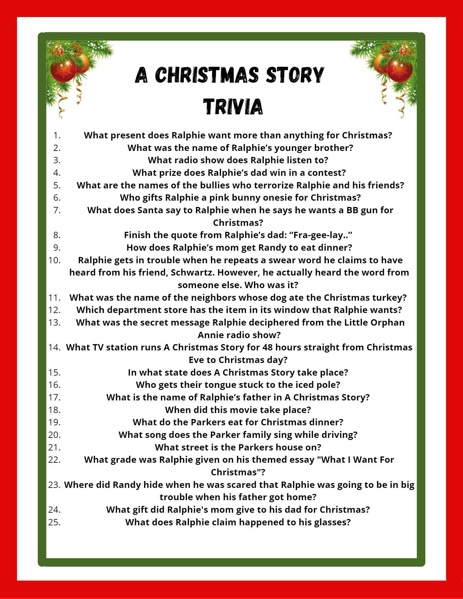 A Christmas Story Trivia Quiz Printable