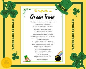 Green Trivia St. Patrick's Day Game | Color Me Green | Fun St. Pattys Day | St. Paddys | St. Pats | Printable Party Games | Kids & Adults