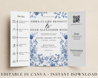Dusty Blue Gatefold Wedding Invitation | French Toile de Jouy Floral | Canva | Chinoiserie Invite
