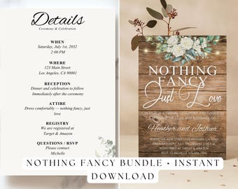 Rustic Elopement Wedding Invitation Bundle | Minimalist Invite & Details Card | Editable Canva Template