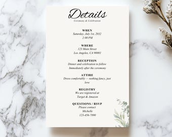 Minimalist Wedding Details Card | Elopement Info Insert | Editable Canva Template