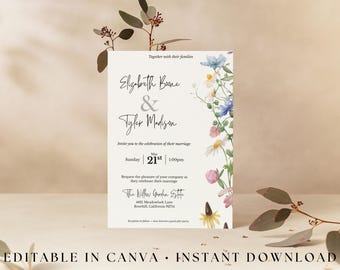 Wildflower Wedding Invitation Template — Editable Boho Floral Invite in Canva | Printable Wedding Invitation