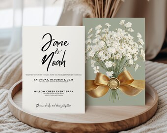 Sage Green Baby Breath Wedding Invite | Minimalist Baby's Breath (Editable Canva Download)