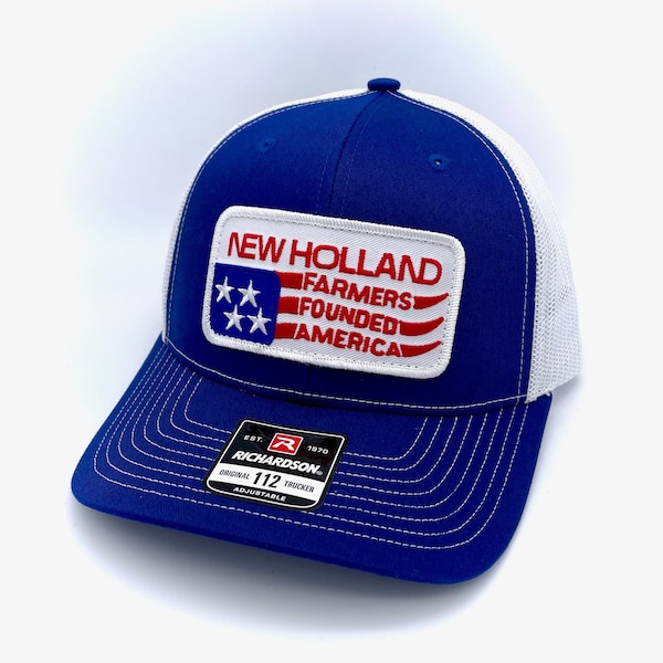 Vintage New Holland Farmers Founded America Patch + Richardson 112 Royal Blue & White Trucker Cap Hat