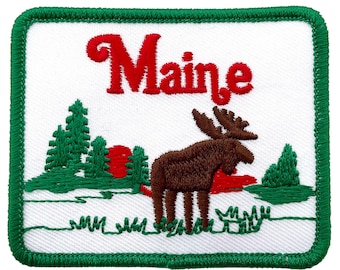 Maine Iron-On Patch - 3"w x 2.5"h - Embroidered, Outdoors, Moose, Acadia National Park, Baxter State Park, Katahdin, Hunting, Heat Press