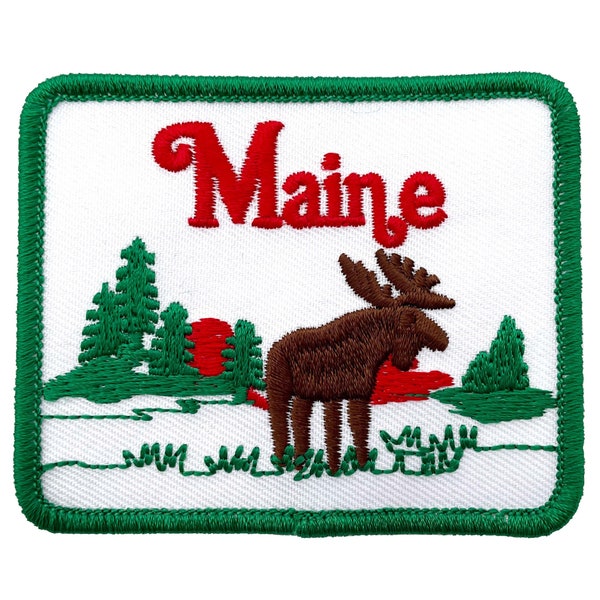 Maine Iron-On Patch - 3"w x 2.5"h - Embroidered, Outdoors, Moose, Acadia National Park, Baxter State Park, Katahdin, Hunting, Heat Press