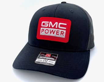 Vintage GMC Truck POWER Retro Patch On A NEW Richardson 112 Black on Black Trucker Cap Hat - sierra, 1500, yukon, denali, canyon