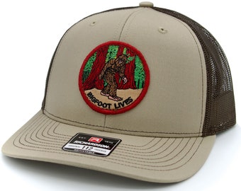 Bigfoot Lives Patch + Richardson 112 Khaki/Coffee Trucker Cap Hat - Yeti, Sasquatch, Embroidered, Professionally Sewn