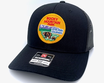 Rocky Mountain National Park - Estes Park, Colorado Vintage Retro Patch On A NEW Richardson 112 Black on Black Trucker Cap Hat