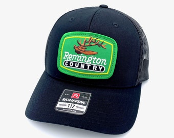 Vintage Remington Country Firearms Retro Patch + Richardson 112 Black on Black Trucker Cap Hat