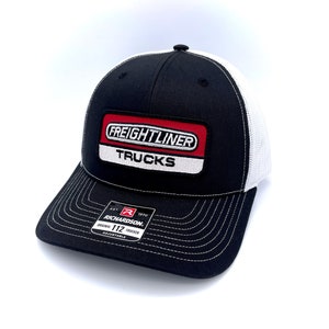 May include: Black and white trucker hat with a red and white embroidered patch that says "FREIGHTLINER TRUCKS". The hat is adjustable and has a white mesh back.