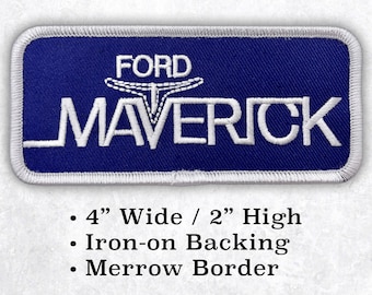 Ford Maverick Iron-On Patch - 4" x 2" - Vintage Embroidered, Pickup Truck Retro logo