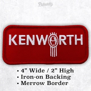 May include: Red iron-on patch with white embroidered text "KENWORTH" and a white logo. The patch is 4 inches wide and 2 inches high.