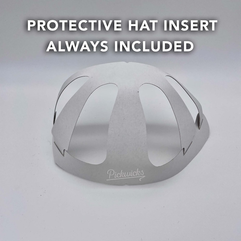 May include: A white protective hat insert with a scalloped edge and the text "Pickwick's" printed on the bottom. The insert is designed to help maintain the shape of a hat.