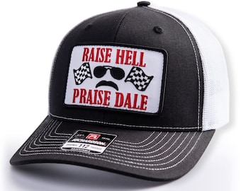 Raise Hell Praise Dale Retro Patch + Richardson 112 Black & White Racing Trucker Cap