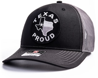 Texas Proud Retro Patch + Richardson 112 Black & Charcoal Trucker Cap - Lone Star State Flag Black