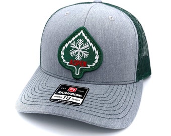 Aspen CO Colorado Patch Hat - Embroidered Patch + Richardson 112 Heather Gray & Forest Green Trucker Cap Hat