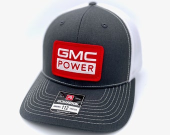 Vintage GMC Truck POWER Retro Patch + Richardson 112 Charcoal Grey & White Trucker Cap Hat, Sierra, Yukon, 1500, Canyon