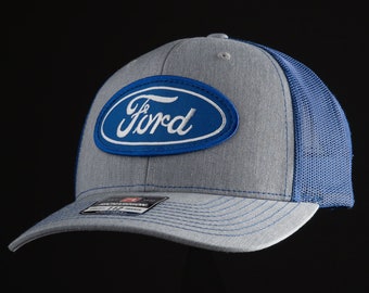 Vintage Ford Oval Patch + Richardson 112 Heather Grey & Blue Trucker Cap Hat