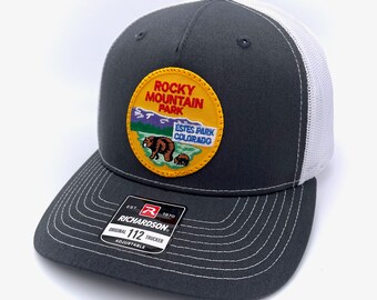 Rocky Mountain National Park, Estes Park Colorado Vintage Retro Patch Hat - Sewn onto Richardson 112FP Charcoal & White Trucker Cap