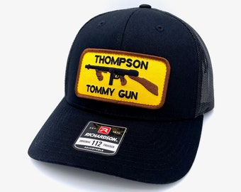 Vintage Thompson Tommy Gun Retro Patch + Richardson 112 Black on Black Trucker Cap - Firearms Machine Gun