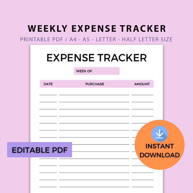 Weekly Expense Tracker Printable Editable Expense Log - Etsy
