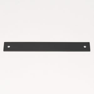 May include: A black metal bar with two holes drilled into it. The bar is about 12 inches long and 1 inch wide.