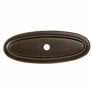 May include: An oval-shaped, antique brass cabinet knob with a single hole for mounting.