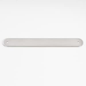 May include: A long, thin, silver-colored metal plate with rounded edges and two small holes. The plate has a brushed finish.