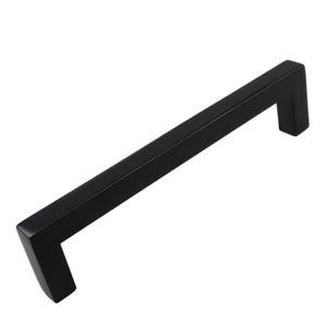 May include: Black cabinet hardware pull with a rectangular shape and a flat, smooth surface.
