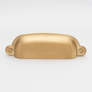 May include: A gold cabinet pull with a rounded rectangular shape and a slightly textured finish. The pull has two small screws on the sides.