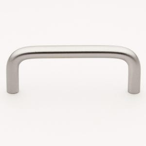 May include: A brushed nickel cabinet pull with a rounded rectangular shape.