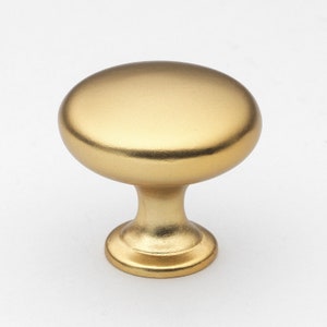 May include: A gold-toned cabinet knob with a round top and a slightly raised base.