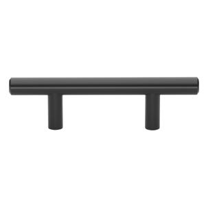 May include: A black cabinet pull with a T-bar design. The hardware features a cylindrical bar with two cylindrical posts extending downwards. The pull is made of a solid, matte black material and is set against a white background.