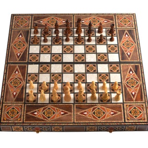 Echecs en Bois Plateau de Backgammon Pliant Moyen-Orient, Design marocain 50X50Cm Jeu de société Incrustation de mosaïque avec Nacre