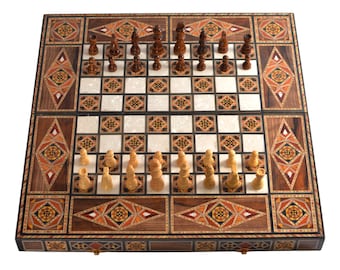 Echecs en Bois Plateau de Backgammon Pliant Moyen-Orient, Design marocain 50X50Cm Jeu de société Incrustation de mosaïque avec Nacre